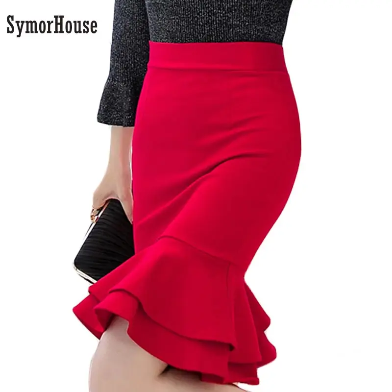 

2019 Women Pencil Skirt Fashion OL Slim Bodycon Skirt Business Wear Double Ruffles Hem Mermaid Style Ladies Office Skirt 5XL