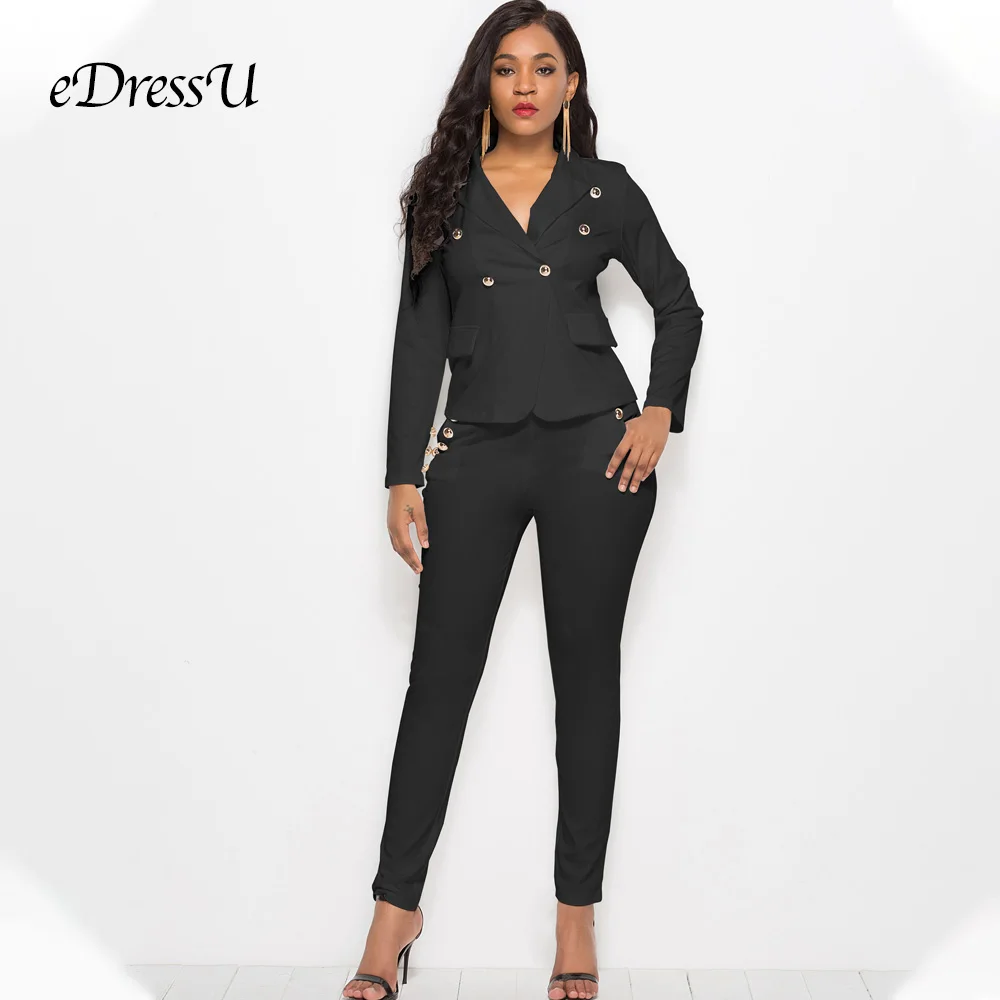 2019 Women Two Piece Sets Suits Black Office Lady Blazer Jacket Fit Pants Casual Single Breasted Buttons Suits LMT-YD5079