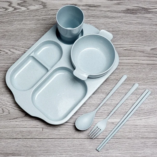Набор посуды для кормления детей, детская миска, вилка, ложка, Набор чашек из бамбукового волокна, столовая посуда для детей, разделительная тарелка - Цвет: 6 pcs  blue