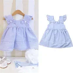 Детская одежда для малышей для девочек сладкий рукавов синее мини-платье принцессы с бантом милые в полоску платье-пачка