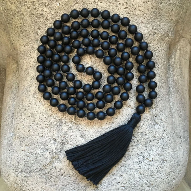

Matte Black Onyx 108 Beads Hand Knotted Mala Necklace Handmade Black Tassel Yoga Jewelry Meditation Prayer Mala Necklace Collar