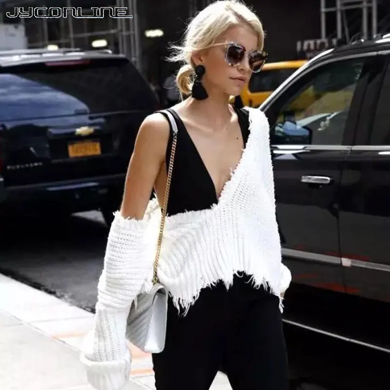 JYConline Sexy Knitted Sweater Women Jumper Black White V-neck Ripped Pullover Sweater Pull Femme Oversized Sweater Knitwear Top