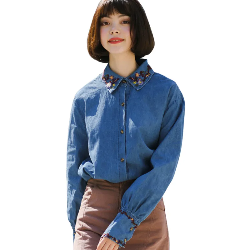 

Womens Tops And Blouses Spring Autumn New Harajuku Blouse Plus Size Loose Embroidery Blouse Solid Long-sleeve Denim shirt LR136