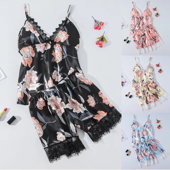

Don't click in! Women Satin Flower Print Silk Lingerie Bow Lace Pajamas Sleepwear Shorts Suit Lingerie 2020 new