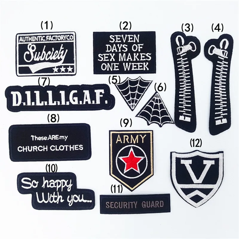 

Sew on Applique Iron-On Fashion Embroidery Patches Black White Badge Letter/Zipper Patches for Clothing Apparel Bags Accessories
