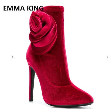 

EMMA KING 2018 New Women Flower Shape Boots Women Suede Leather Fashion Ladies Pointed High Thin Heel Party Wedding Work Boots