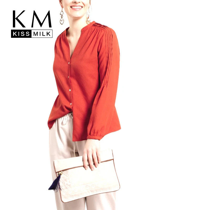 

Kissmilk Plus Size New Fashion Women Clothing Solid Streetwear OL Tops Simple Casual V-Neck Long Sleeve Blouse 3XL 4XL 5XL 6XL