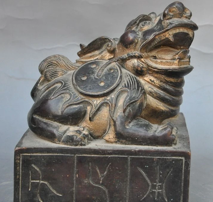 

6" chinese palace bronze wealth coin Toad Jinchan Golden Toad statue Stamp Seal