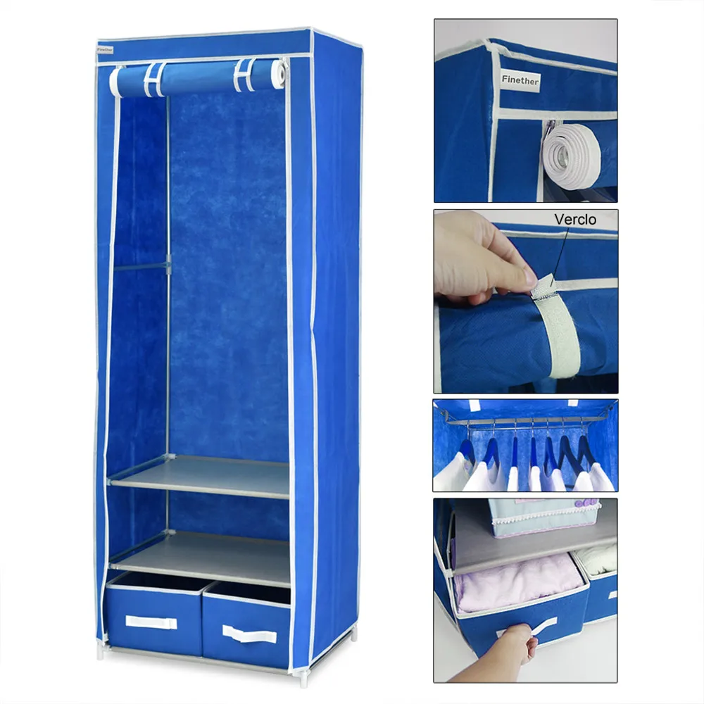 Finether Triple Canvas Clothes Wardrobe Cupboard Hanging Rail With Storage Shelves and 2 drawers storage box -Blue1