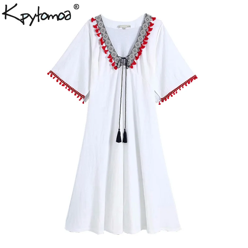 

Vintage Chic Contrasting POMPOM Embroidery Midi Dress 2019 Fashion V Neck Wide Short Sleeve Ladies Dresses Casual Vestidos Mujer