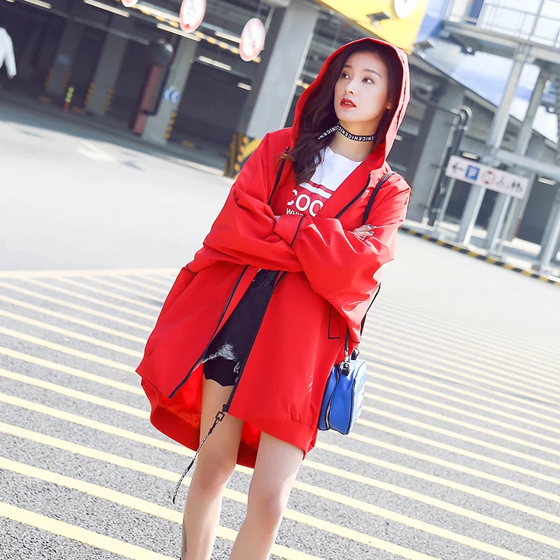 Jeunes Manteau Rouge Printemps Marque Veste Long Lâche Style Lady Nouveau Occasionnel Avec Fashion Capuche 2017 Femmes x4Awq078x
