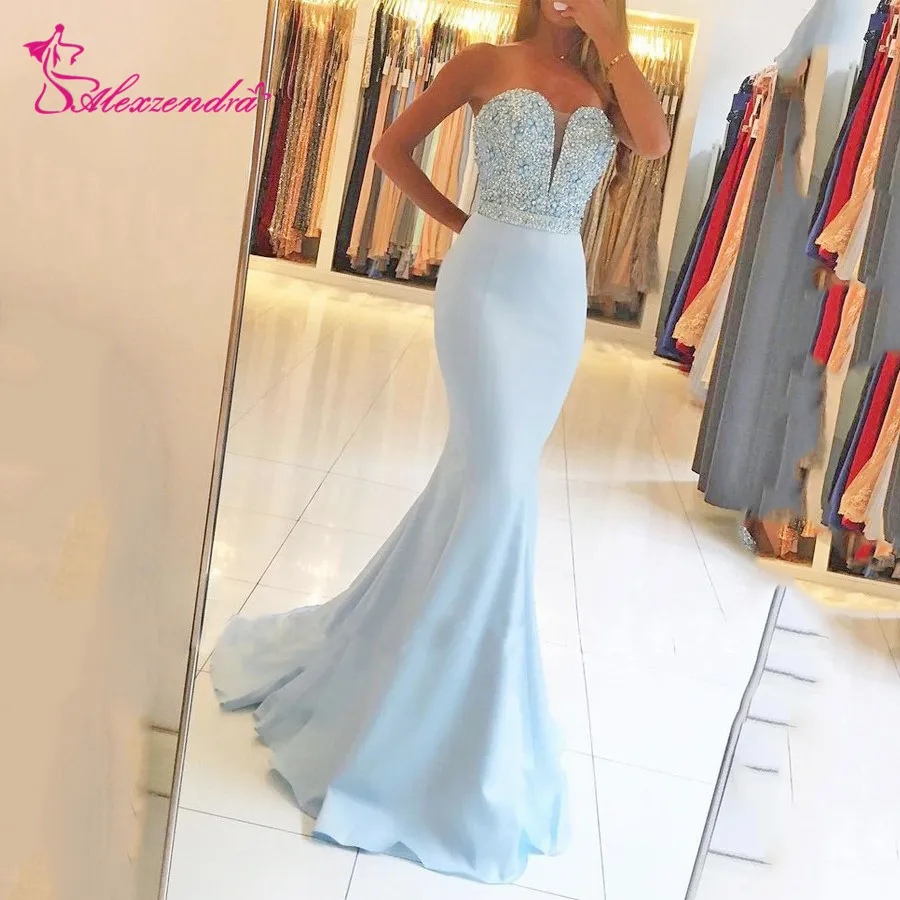 

Alexzendra Mermaid Long Blue Prom Dresses Sweetheart Beaded Evening Party Dresses Customized