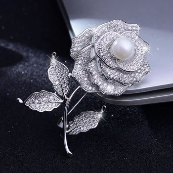 

White Rhinestone Rose with Pearl Wedding Brooch Crystal Broach for Bridal Bouquet Sash Flower Pin Engagement Accessory Jewelry