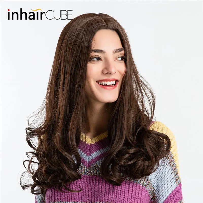 

Inhair Cube For Women Ladies 24 Inches Long Natural Wave Synthetic Wigs With Mid Parting with Bangs Mixed Blonde Free Shipping