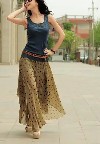 

1pcs/lot free shipping bohemian style woman casual dot long skirt chiffon elastic waist summer skirt free size 3colors