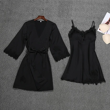 Женский пикантный Шелковый Атласный вечерний комплект с платьем кружевной халат, модный халат+ ночная рубашка, 2 предмета, летняя одежда для сна для женщин - Цвет: Черный