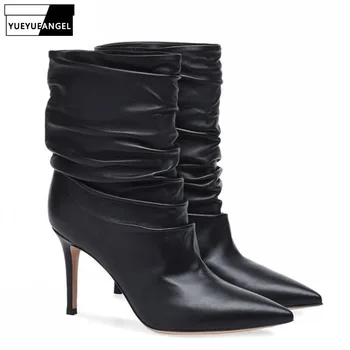 

Woman Black Pointed Toe Pleated Slip On Ankle Boots Sexy High Heels Spring Autumn Lady Boots Plus Size 46 Office Botas Mujer
