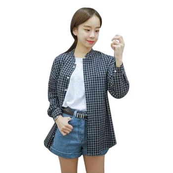 

Fashion Tunic Casual Tops Women Plaid Shirts Long Sleeve Blouse Office Lady Cotton Lace Up Shirt