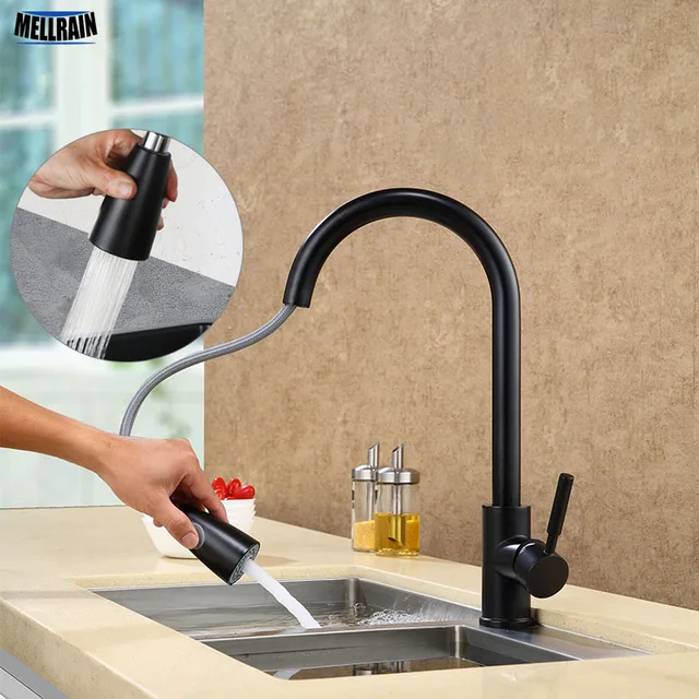 Cheap Double Water Modes Setting Pull Out Kitchen Faucet Pearl Black And Brushed Surface Choice Mixer Sink Water Tap