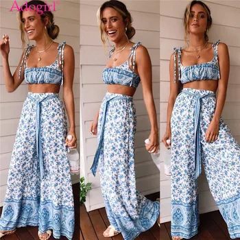 

Adogirl Women Fashion Print Casual Holiday Two Piece Set Lace Up Strapless Crop Top + Wide Leg Pants Summer Beach Outfits Suit