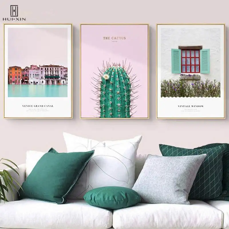 

Modern Real-action Shot Landscape Window Secne Pink Cactus Unframed HD Pattern Posters For Home Bedroom Sofa Background Decor
