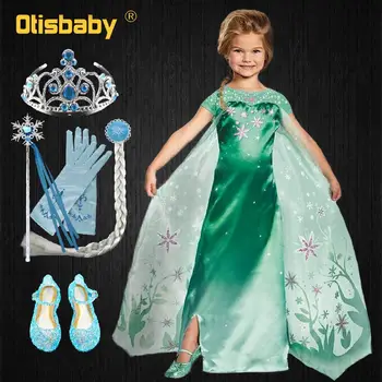 

2019 Toddler Girls Summer Clothing Elsa Dress Eveving Party Carnival Halloween Elsa Costume for Girls Snow Queen Green Dress Wig