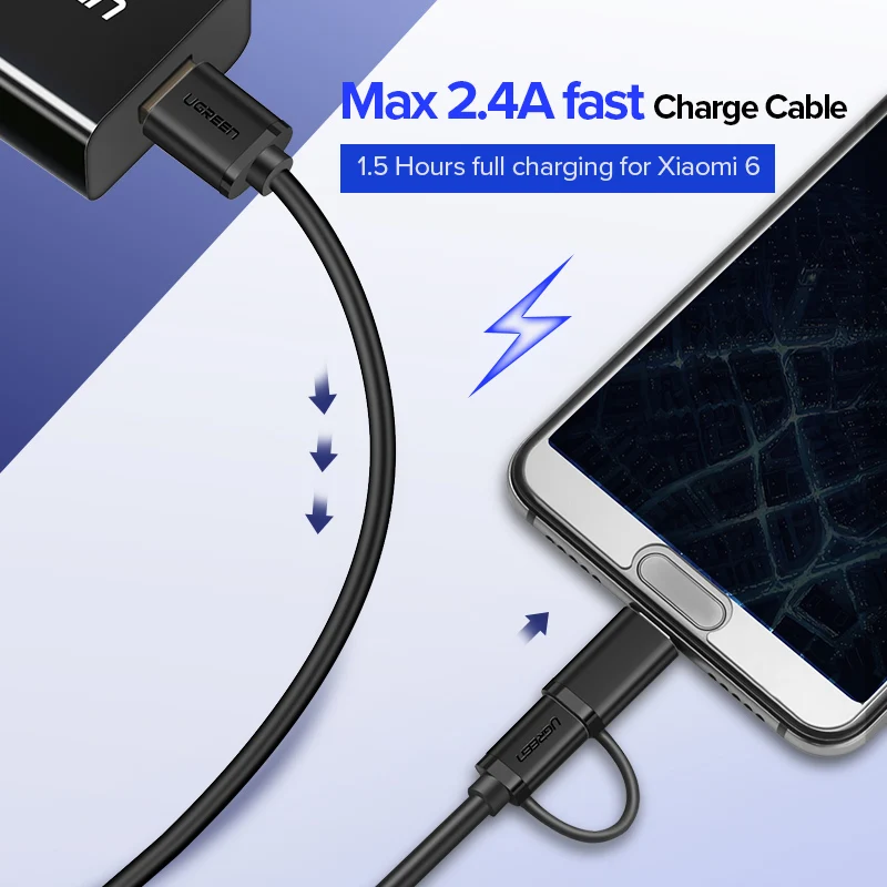 Ugreen usb type-C кабель для samsung Galaxy S10 S9 Plus 2 в 1 быстрая зарядка Micro USB кабель для Xiaomi Tablet Android USB кабель