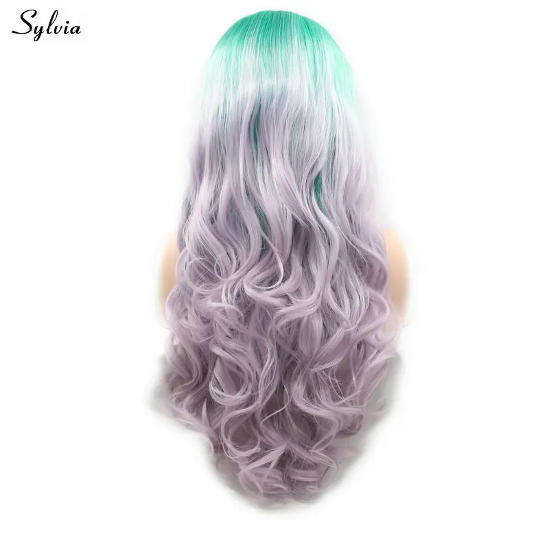 Sylvia зеленый корни до фиолетовый цвет синтетический синтетические волосы на кружеве Искусственные парики средства ухода за кожей волна выс