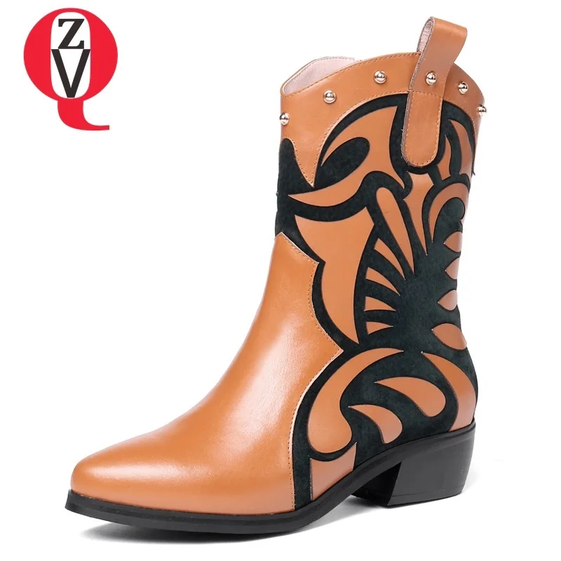 

ZVQ 2018 new fashion mixed colors winter shoes women genuine leather boots women med square heel round toe zipper mid calf boots
