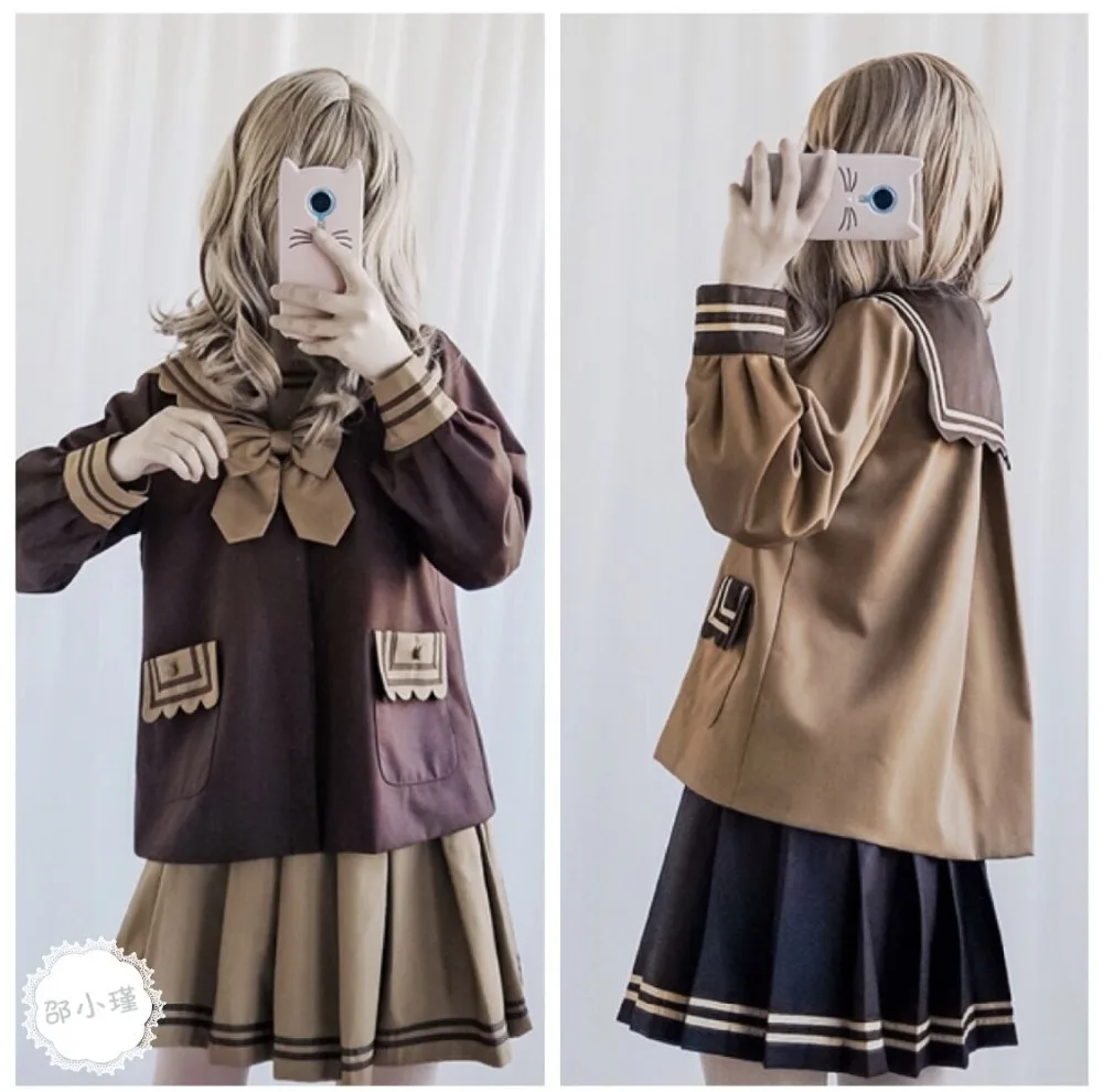 

Cute Cookies Navy Collar College Style Student Sailor Jacket High Waist Short Pleated Skirt JK Uniform Suit Female