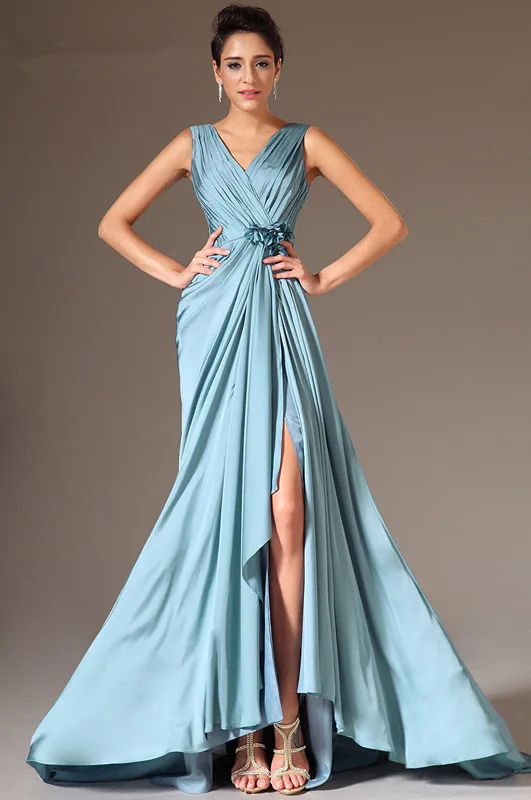 New-Arrivals-New-V-Neck-High-Slit-A-Line-Ruched-Bodice-Evening-Gown (3)