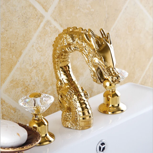 Free shipping 3 pieces GOLD CLOUR dragon faucet bathroom lavatory sink