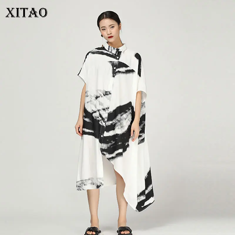 

[XITAO] 2019 New Europe Streetwear Loose Print Short Sleeve Turn-down Collar Fashion Women Summer Mid-calf Dress ZLL3674