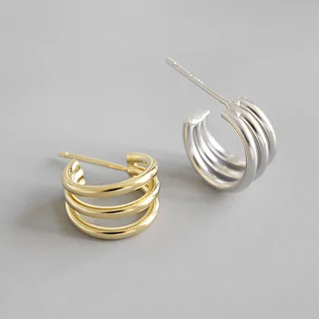 

Minimalism 18K Gold Plated 100% Authentic 925 Sterling silver Open 3-Rows Multi-rows Geometric Stud Earrings Fine jEWELRY E82