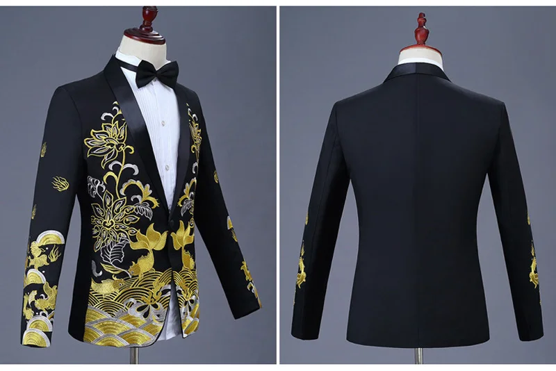 Роскошный золотой черный костюм с вышивкой, мужские свадебные вечерние костюмы, мужской костюм-смокинг с воротником-шалью(пиджак+ брюки), одежда для певицы