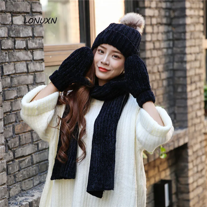 6 цветов Высокое качество корейская мода зима сплошной цвет зимняя шапка и шарф набор для женщин Вязание комплект из 3 предметов плюс бархат