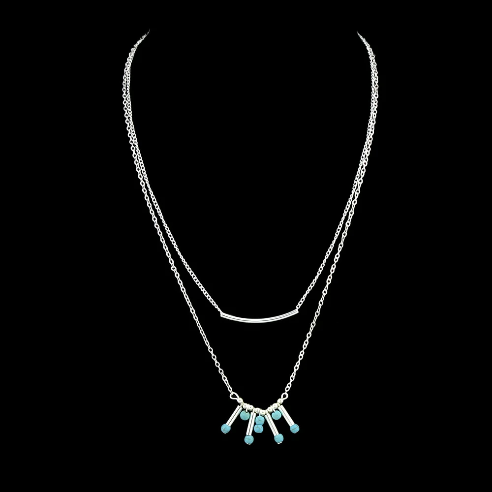 Minimalist Style Silver Gold-Color Multi Layer Chain with Blue Beads Geometric Drop Maxi Necklace For Women Jewelry | Украшения и