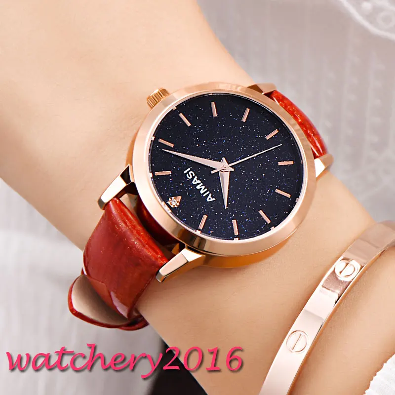 

New fashion 36.2mm AIMASI black blue dial rose golden plated case Automatic movement Women's WristWatch relogio feminino