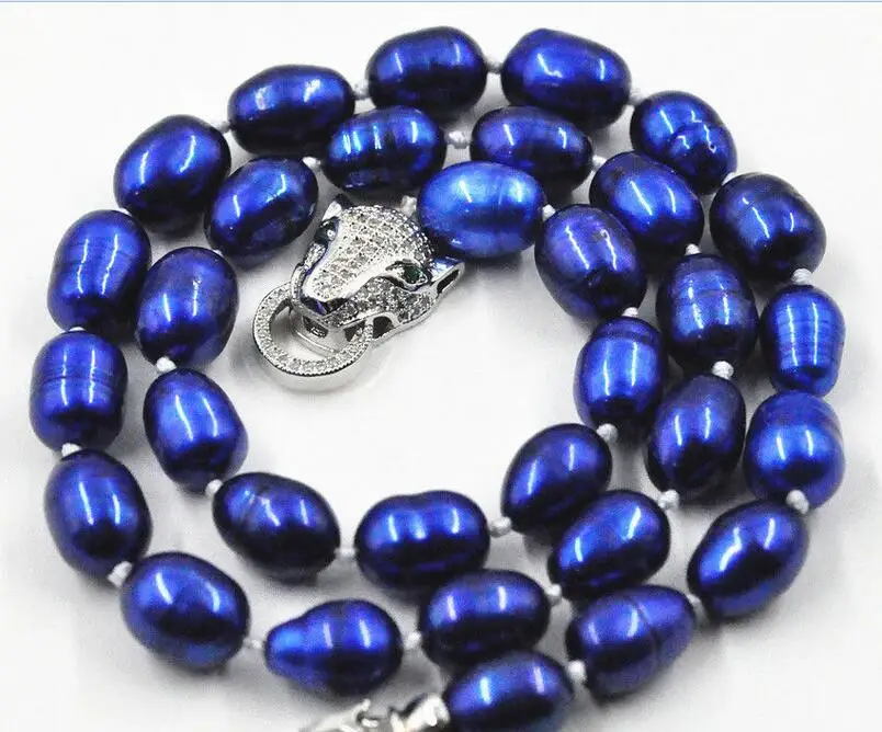 

Beautiful NEW REAL 7-9mm freshwater Cultured Blue Pearl Necklace 18"leopard Clasp