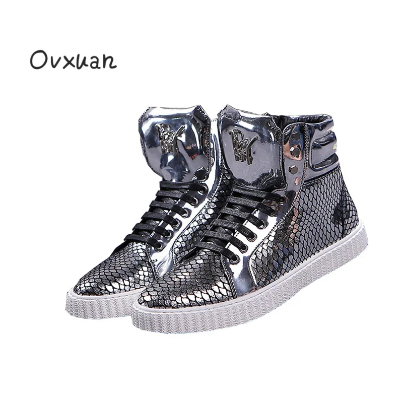 

Ovxuan Glitter Bright Fish Scale Genuine Leather Handmade Boots Men Ankle Shoes Metal Letter Buckle Fashion Party Mens Boots