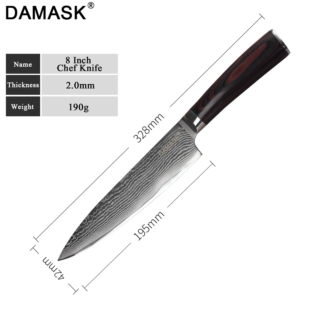 Дамасский нож Santoku из дамасской стали с высокой твердостью G10 цветные кухонные ножи с деревянной ручкой японские ножи нож для мяса нож для нарезки шеф-повара - Цвет: 8 inch Chef Knife