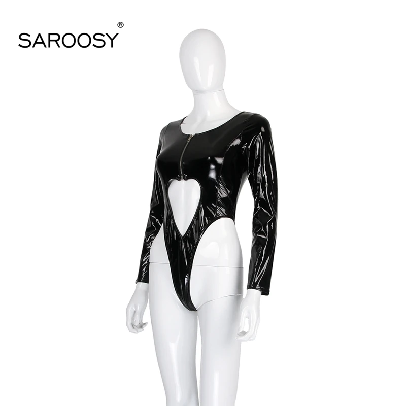 SAROOSY 2018 New Sexy Faux Leather High Elastic Bodysuit for Women Long Sleeves High Cut Clubwear Love Shape Zipper Detail