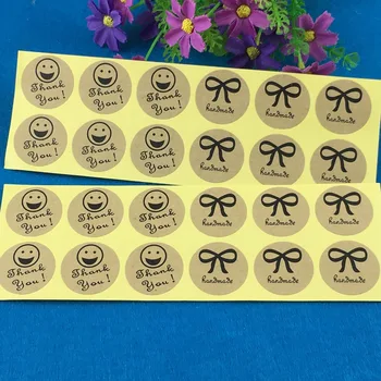 

2000PC/Lot Kraft Blank Cardboard Half Smiling Face"thank you" Add Half Bowknot Pattern "Handmade"Sticker Labels Adhesive Label