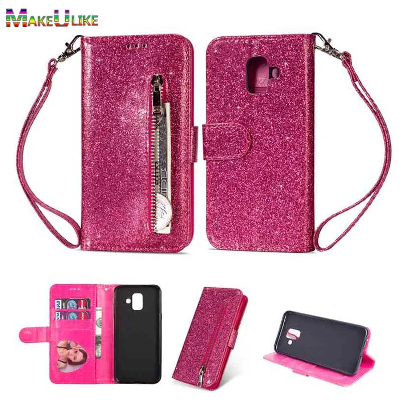 

MAKEULIKE Wallet Case For Samsung Galaxy A6 J4 J6 Plus 2018 Flip Cover J3 J5 J7 2017 Zipper Glitter PU Leather Phone Bag Case