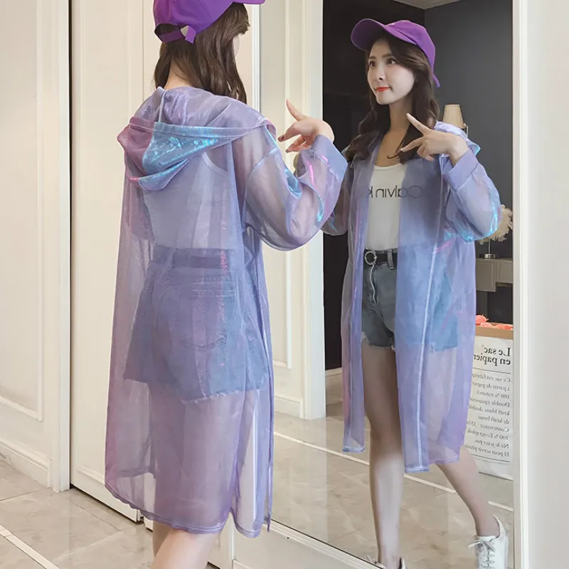 

2019 Spring Shiny Long Women Kimonos Long Sleeve Hooded Kimonos Long Sleeve Hoody Cardigans Lady Long Transparent Sheet Tops