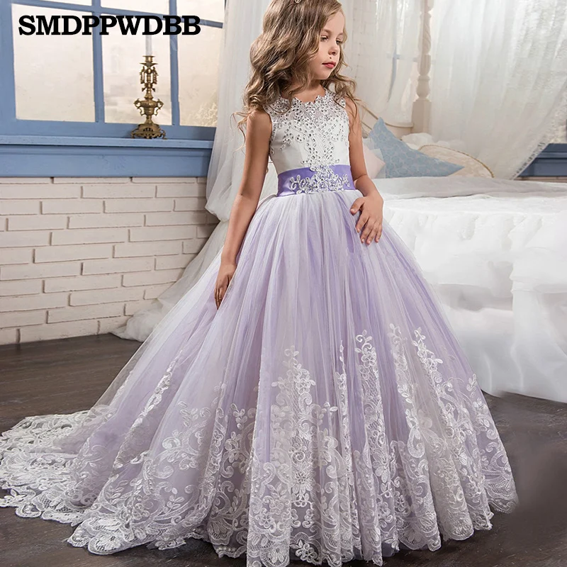 

Kids Girls Elegant Wedding Lace Flower Girl Dress Princess Party Pageant Formal Long Sleeveless Lace Tulle Evening Dress 2-14 Y