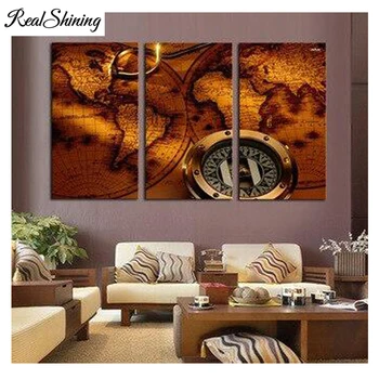 

Home Decor 5D DIY diamond Painting 3 Pieces World Map Compass Decorative mosaic Painting cross stitch Wall Pictures FS3605
