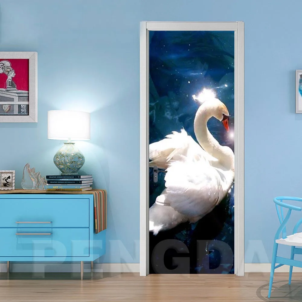3D Door Sticker DIY Home Decoration Decals Swan Animal Print Art Picture Self Adhesive Waterproof Mural For Bedroom Renovation | Дом и сад