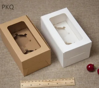 

2 cupcake cup cake box white biscuit box kraft paper Gift Box With Window Birthday Wedding Party Packaging Candy Cookies Cup box