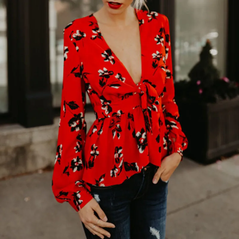 

Women Blouses 2019 Fashion Long Sleeve Shirt Chiffon Shirt Casual Tops Deep V-neck tie with long sleeves loose ladies shirt